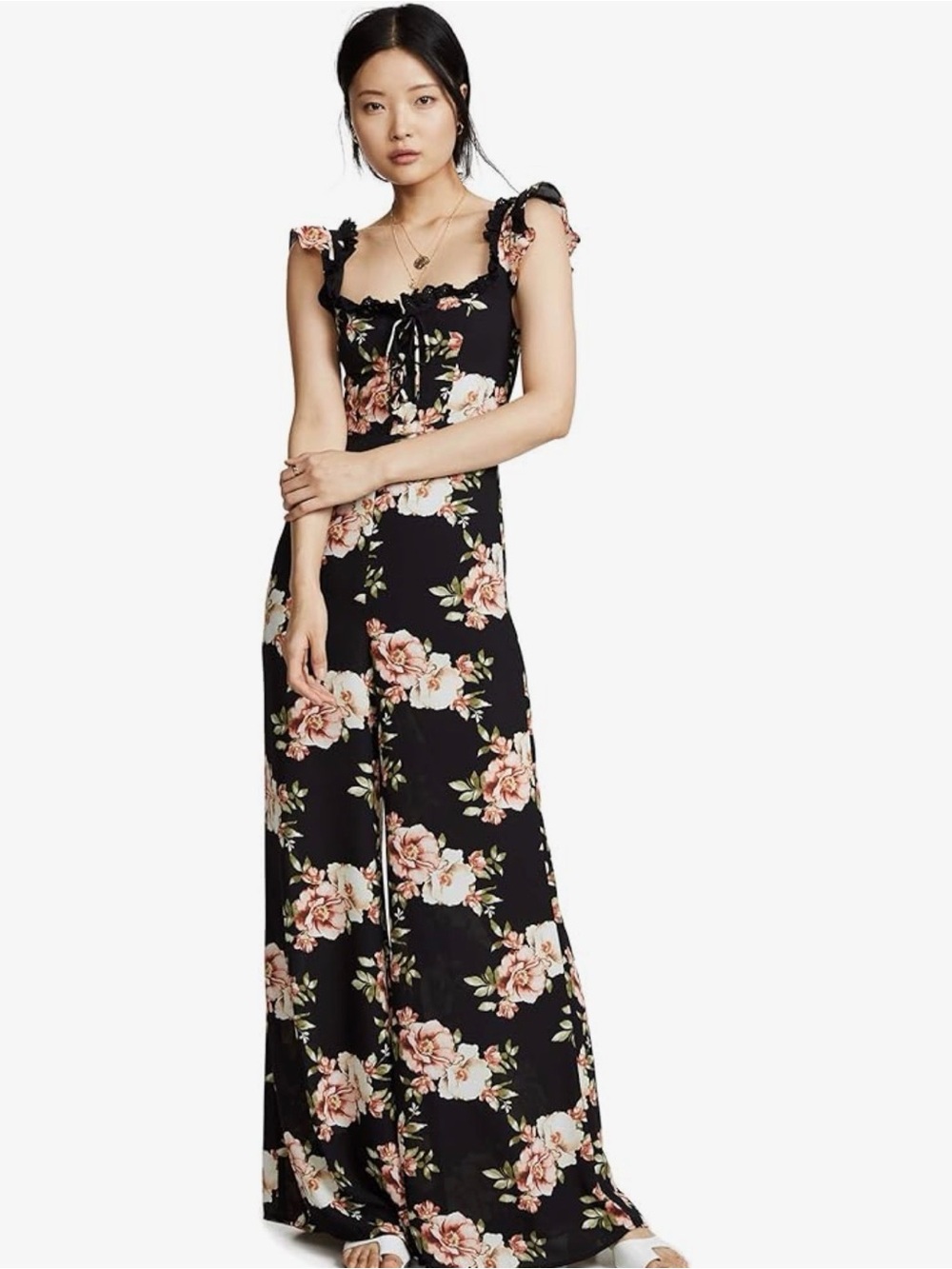 Likely Black Floral Wide-Leg Jumpsuit with Pink & Cream Blooms